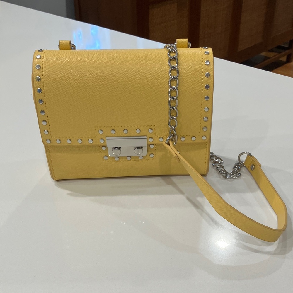 Zara Yellow Studded Chain-Detail Crossbody Bag